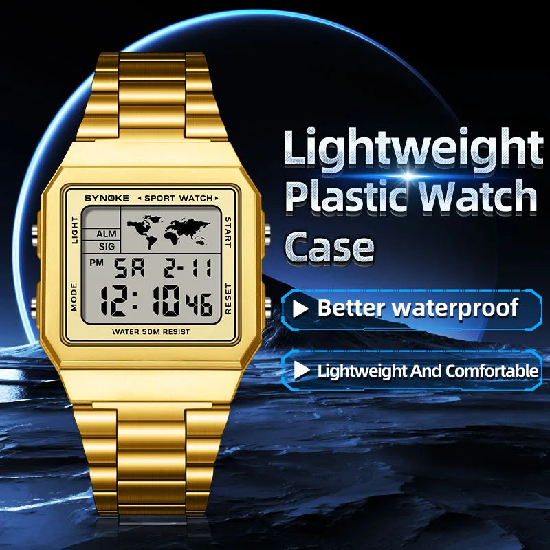 Reloj de acero inoxidable para hombre, cronógrafo de pulsera Digital con pantalla de luz trasera, resistente al agua, 5bar