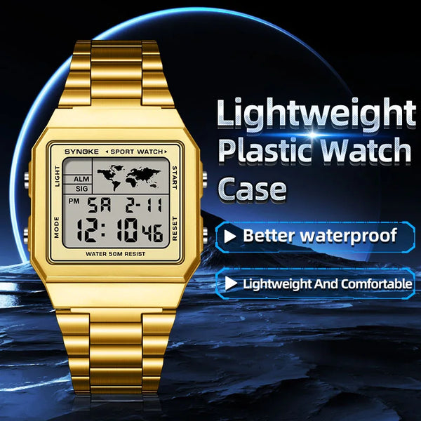 Reloj de acero inoxidable para hombre, cronógrafo de pulsera Digital con pantalla de luz trasera, resistente al agua, 5bar
