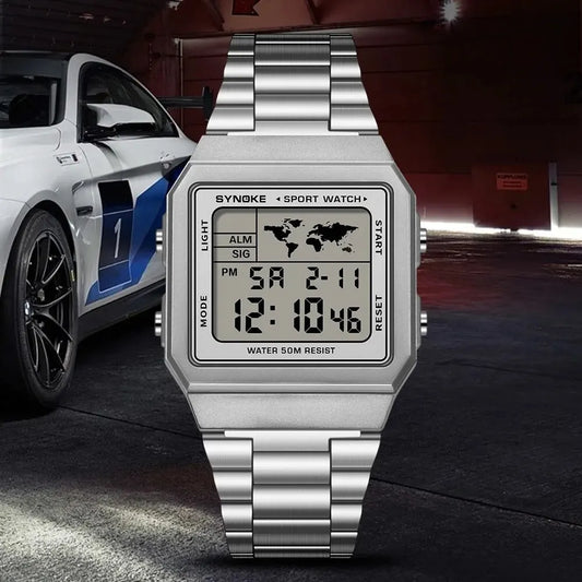 Reloj de acero inoxidable para hombre, cronógrafo de pulsera Digital con pantalla de luz trasera, resistente al agua, 5bar