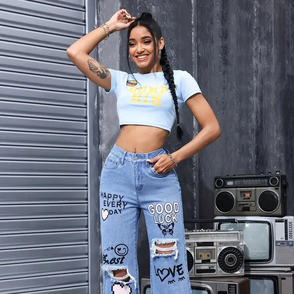 Pantalones vaqueros con estampado de mariposa y botones de cintura alta para mujer, Pantalón recto informal a la moda para mujer, Vaqueros rasgados elegantes para primavera y verano