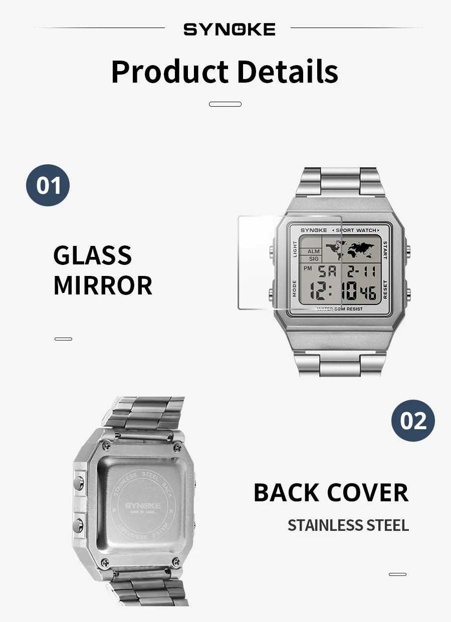 Reloj de acero inoxidable para hombre, cronógrafo de pulsera Digital con pantalla de luz trasera, resistente al agua, 5bar