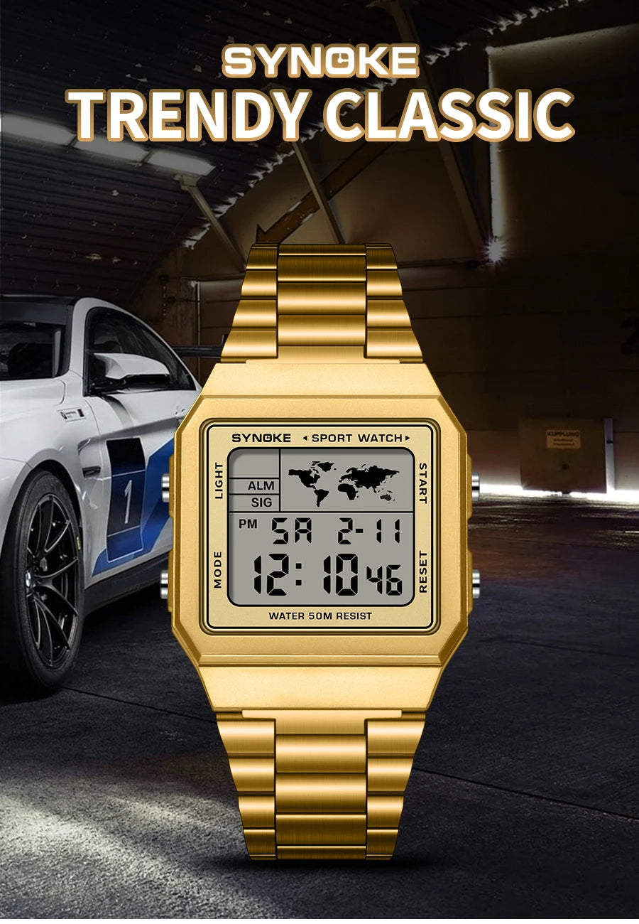 Reloj de acero inoxidable para hombre, cronógrafo de pulsera Digital con pantalla de luz trasera, resistente al agua, 5bar