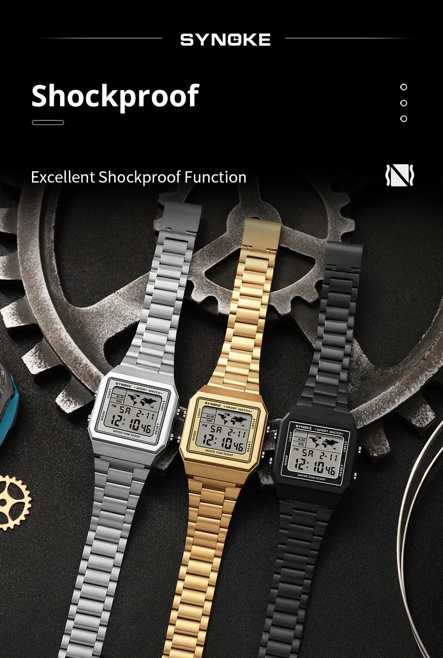 Reloj de acero inoxidable para hombre, cronógrafo de pulsera Digital con pantalla de luz trasera, resistente al agua, 5bar