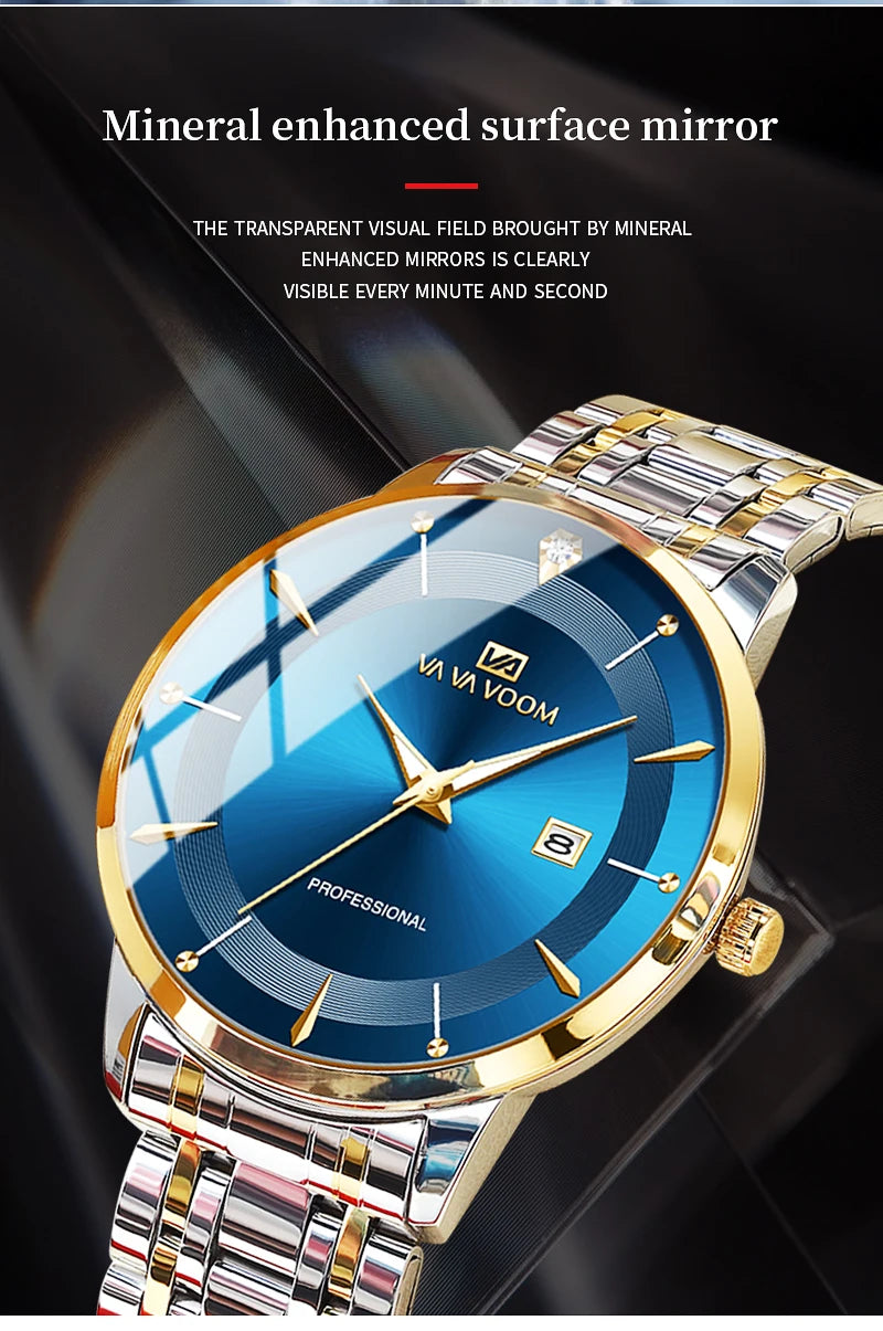 Nuevo reloj para hombre de acero inoxidable estilo de negocios de lujo con diamantes de imitación 43mm reloj de pulsera con movimiento de cuarzo de oro azul