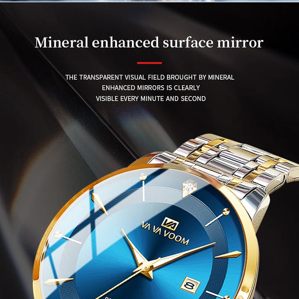 Nuevo reloj para hombre de acero inoxidable estilo de negocios de lujo con diamantes de imitación 43mm reloj de pulsera con movimiento de cuarzo de oro azul