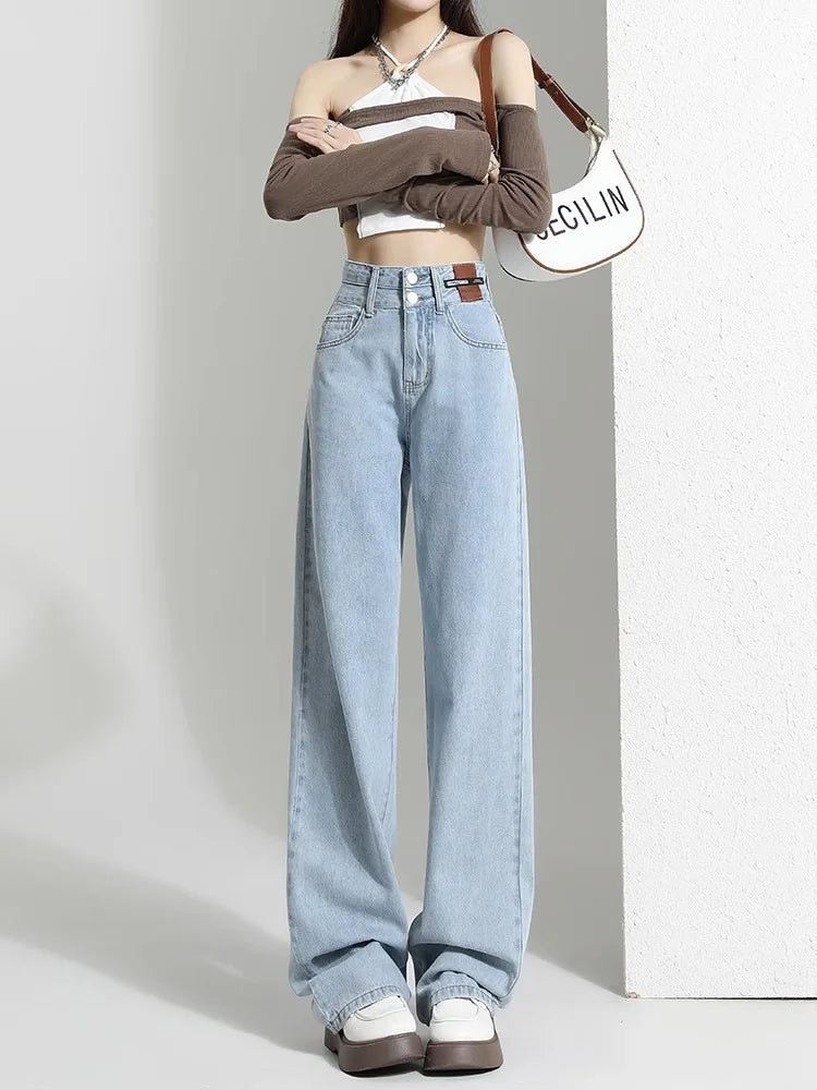 Pantalones vaqueros holgados Vintage para mujer, pantalon a la moda lisos de cintura alta