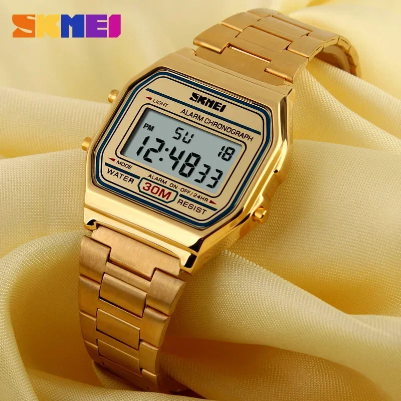 Reloj deportivo digital SKMEI para hombre, reloj de pulsera electrónico de acero inoxidable de lujo resistentes al agua