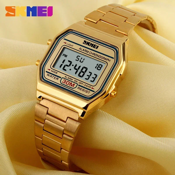 Reloj deportivo digital SKMEI para hombre, reloj de pulsera electrónico de acero inoxidable de lujo resistentes al agua