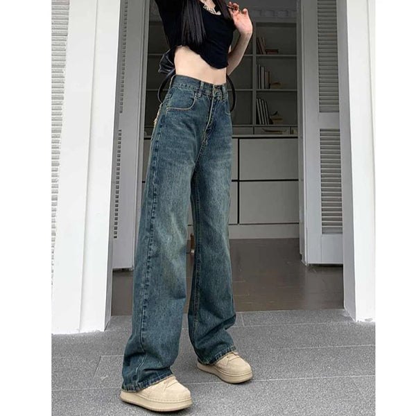 Pantalones vaqueros de pierna ancha para mujer, pantalón de pierna recta contrastante de cintura alta, pantalones sueltos de otoño para mujer, ropa de calle