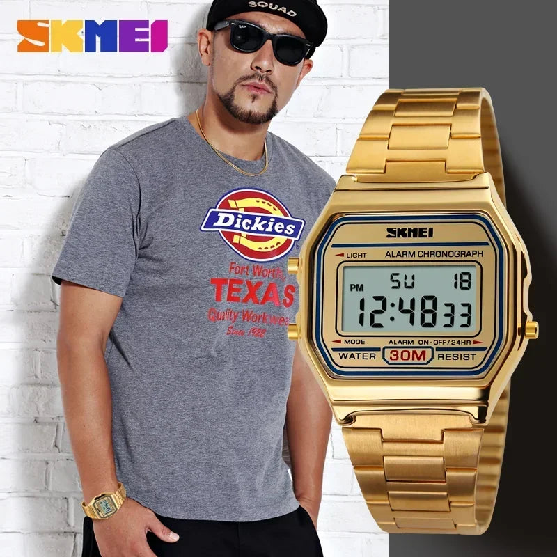 Reloj deportivo digital SKMEI para hombre, reloj de pulsera electrónico de acero inoxidable de lujo resistentes al agua