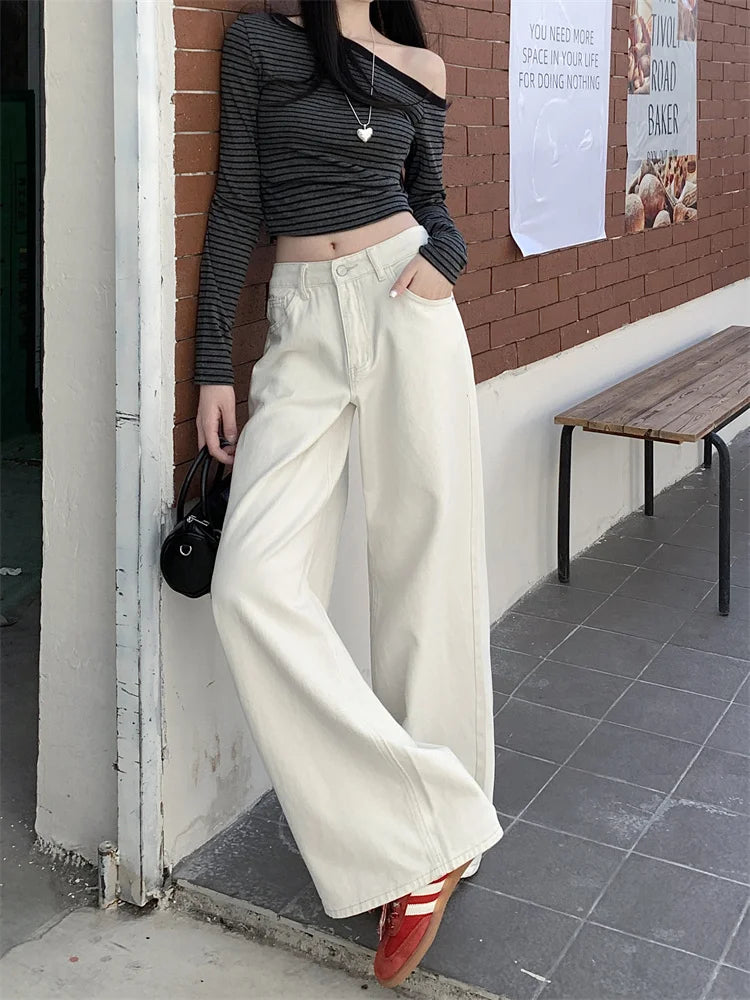Pantalones vaqueros holgados blancos para mujer, nueva moda coreana informal Y2k, pantalones vaqueros holgados de cintura