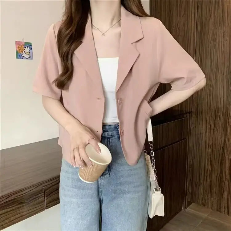 Chaqueta de traje de manga corta para mujer, Tops informales finos de nicho francés de verano 2025