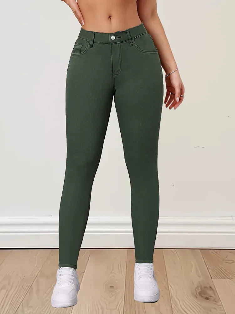 Pantalon vaquero elástico de moda verde militar, pantalon Jean que realza tu figura