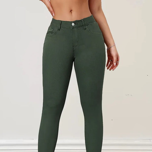 Pantalon vaquero elástico de moda verde militar, pantalon Jean que realza tu figura
