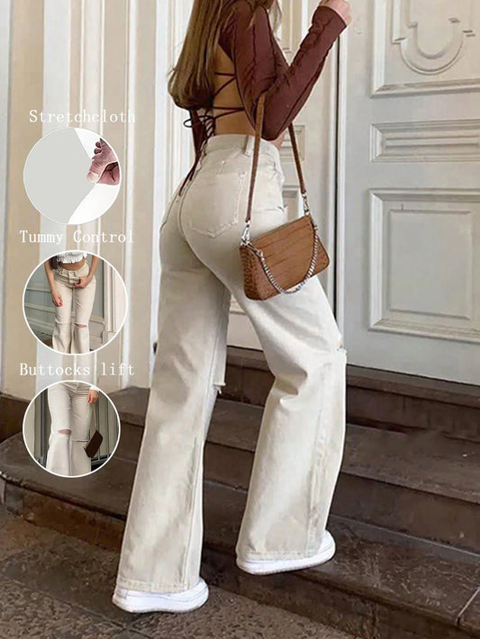 Vaqueros cómodos y elegantes para mujer, ropa de calle informal Vintage, ropa de moda con agujero recto