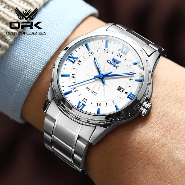 Reloj de cuarzo para hombre con doble calendario y correa de acero marca OPK