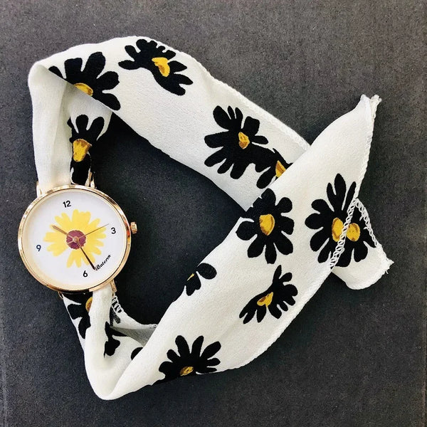 Reloj de cuarzo con correa única de tela de margaritas para mujer - Reloj casual de moda con diseño de girasol