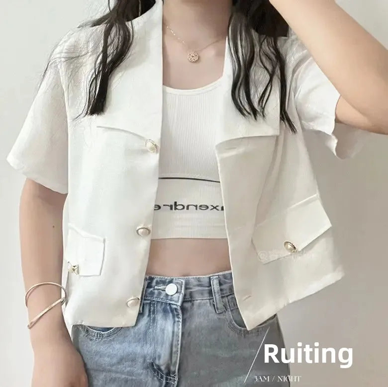 Chaqueta corta de estilo de fragancia para mujer, abrigo informal holgado de manga corta de fibra de poliéster, versión coreana, novedad de verano