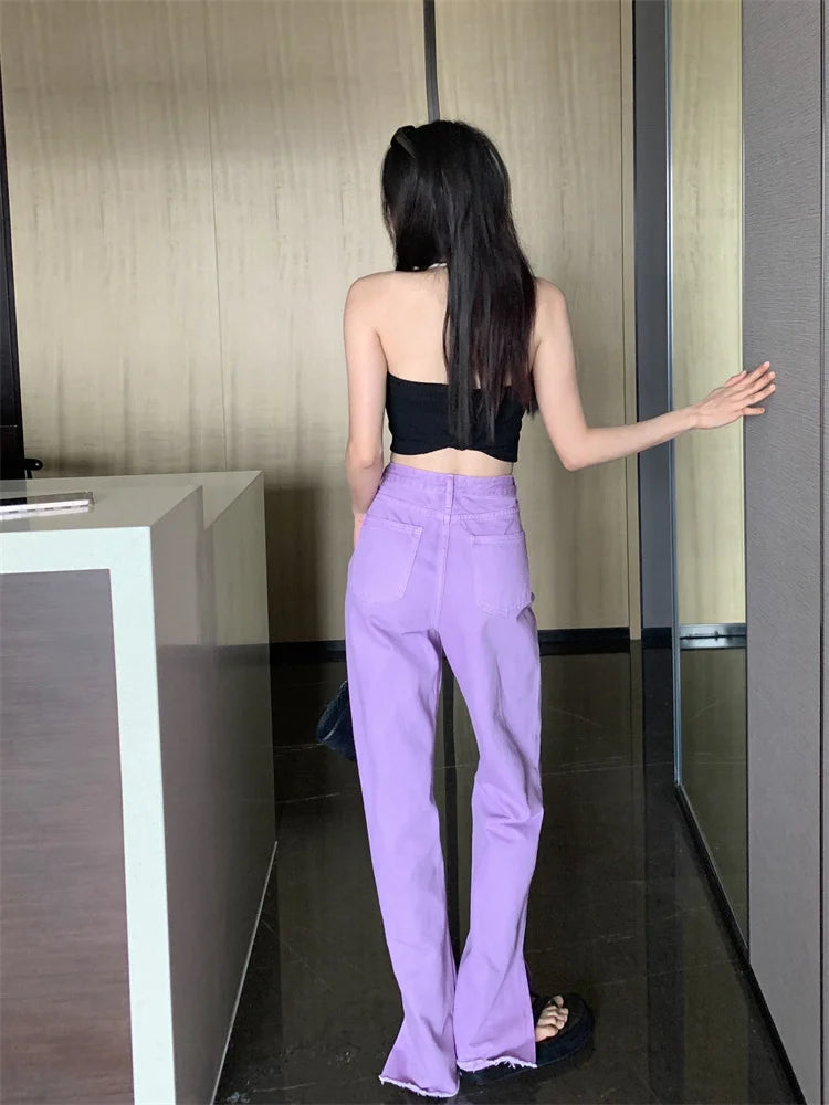 Pantalon Jean de tendencia para mujer, Pantalones vaqueros rasgados con hendidura casuales sueltos de pierna recta de cintura alta