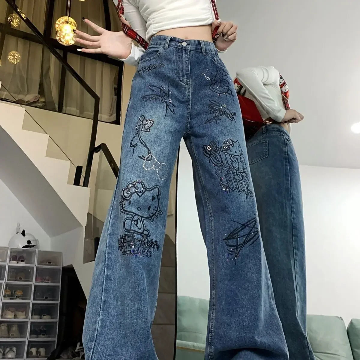 Pantalones vaqueros ajustados con diseño de grafiti azul lavado para mujer, pantalones informales con efecto adelgazante, a la moda