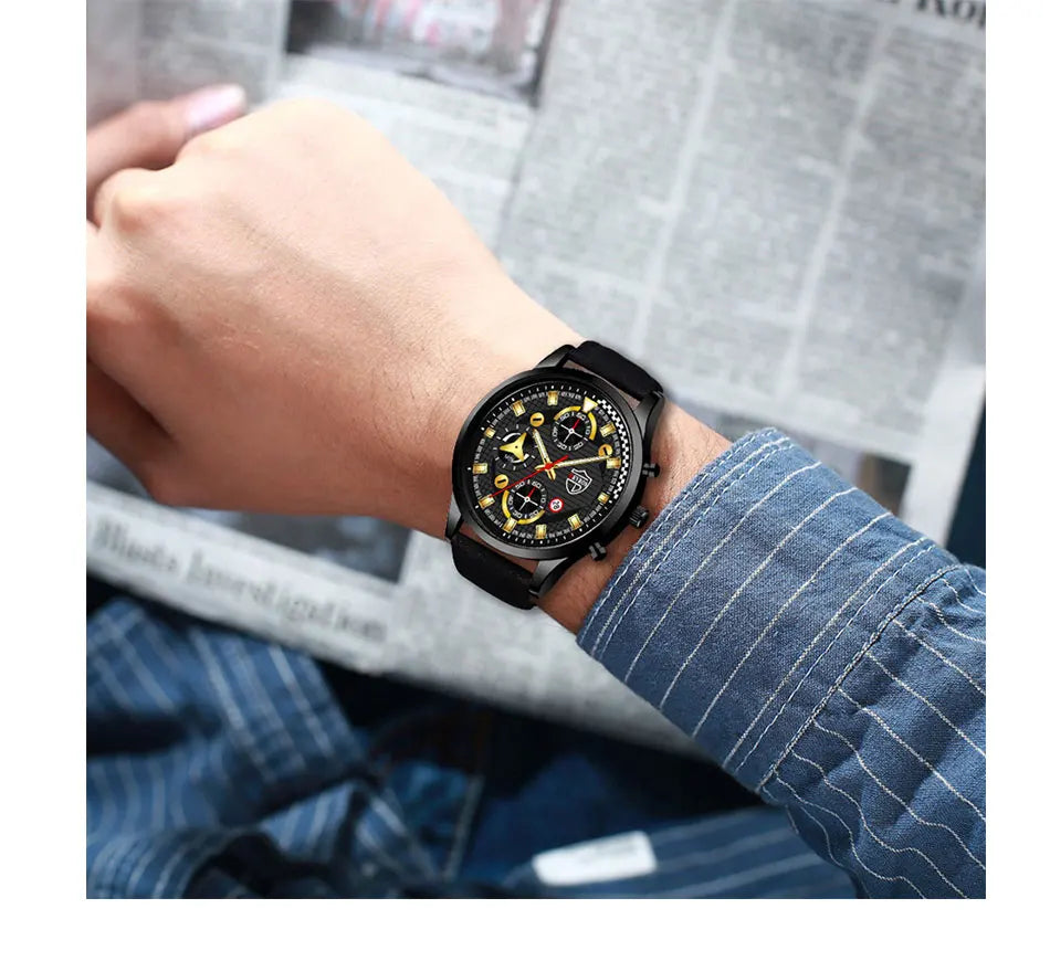 Conjunto de 3 piezas para hombre, reloj de pulsera de cuarzo, pulsera de cuero clásico, collar casual y divertido