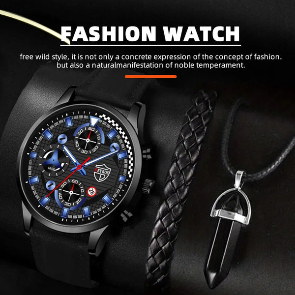 Conjunto de 3 piezas para hombre, reloj de pulsera de cuarzo, pulsera de cuero clásico, collar casual y divertido