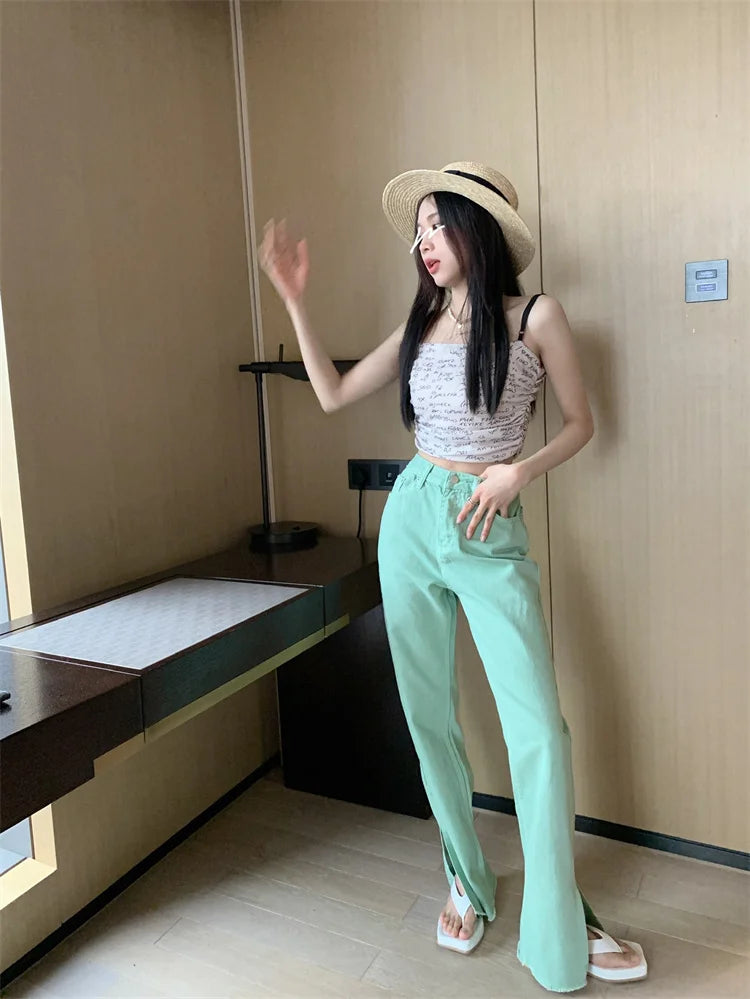 Pantalon Jean de tendencia para mujer, Pantalones vaqueros rasgados con hendidura casuales sueltos de pierna recta de cintura alta