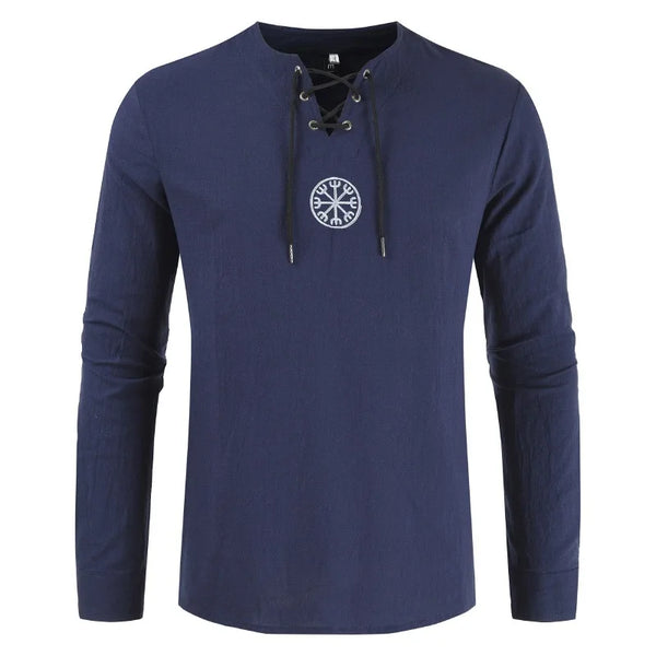 Primavera nueva camiseta de lino y algodón para hombre, camisetas de vendaje con cuello en V de Color sólido para hombre, camiseta informal de lino de manga larga
