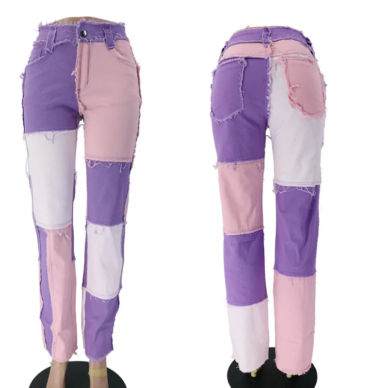 Pantalon jean de retazos de colores variados para mujer, vaqueros rectos de alta elasticidad a la moda, pantalones Hipster de calle