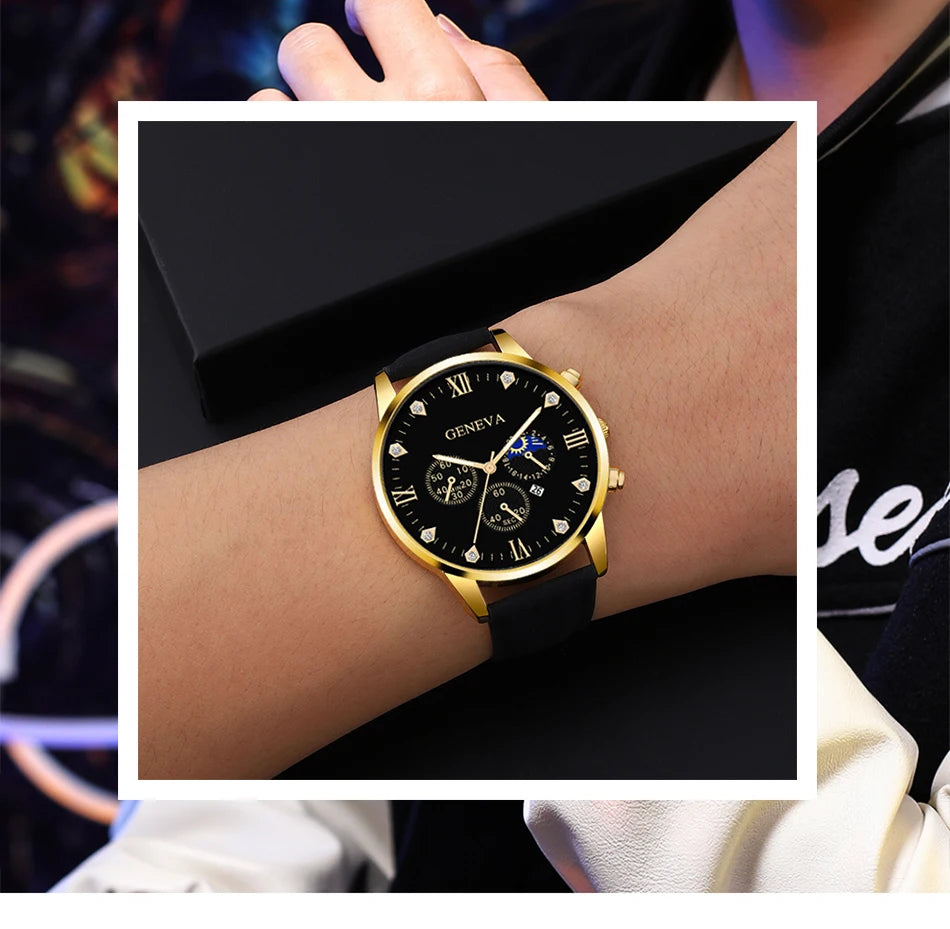 Reloj de pulsera de cuarzo para hombre, conjunto de 2 piezas, con puntero redondo y calendario
