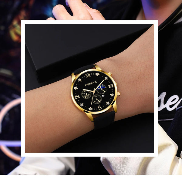 Reloj de pulsera de cuarzo para hombre, conjunto de 2 piezas, con puntero redondo y calendario