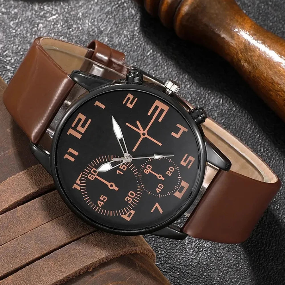 Conjunto de 5 uds. De relojes de pulsera deportivos a la moda para hombre, reloj de pulsera de cuarzo con esfera grande Retro, reloj clásico informal de cuero marrón para hombre