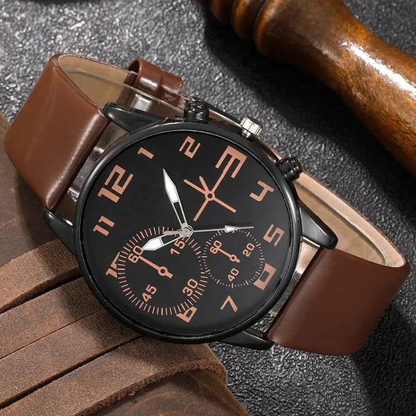 Conjunto de 5 uds. De relojes de pulsera deportivos a la moda para hombre, reloj de pulsera de cuarzo con esfera grande Retro, reloj clásico informal de cuero marrón para hombre