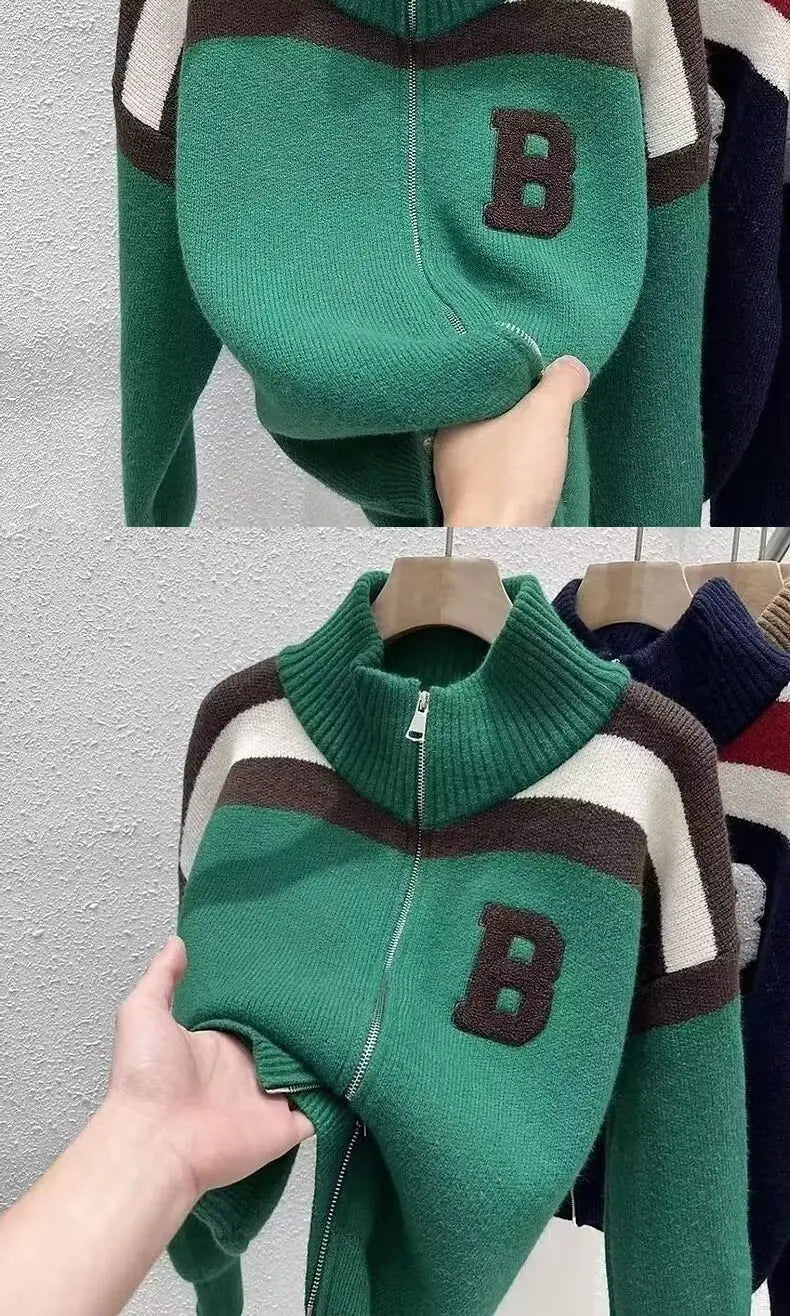 Cárdigan tejido con cuello de media altura y cremallera, suéter de retazos con letras, abrigo para hombre y mujer, Tops de moda de nueva tendencia para Otoño e Invierno