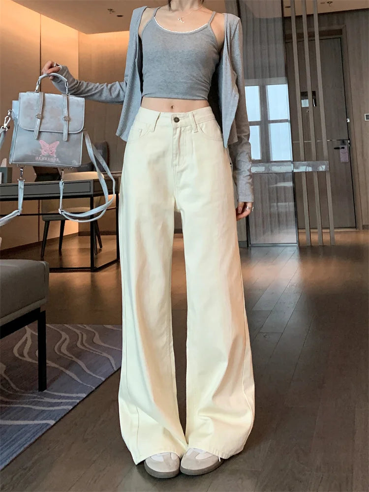 Jeans de verano para mujer - Pantalones vaqueros de pierna ancha color crema |