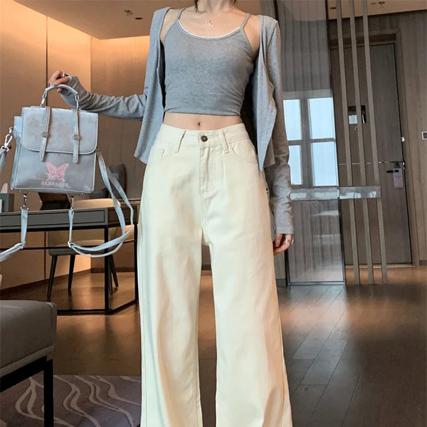 Jeans de verano para mujer - Pantalones vaqueros de pierna ancha color crema |