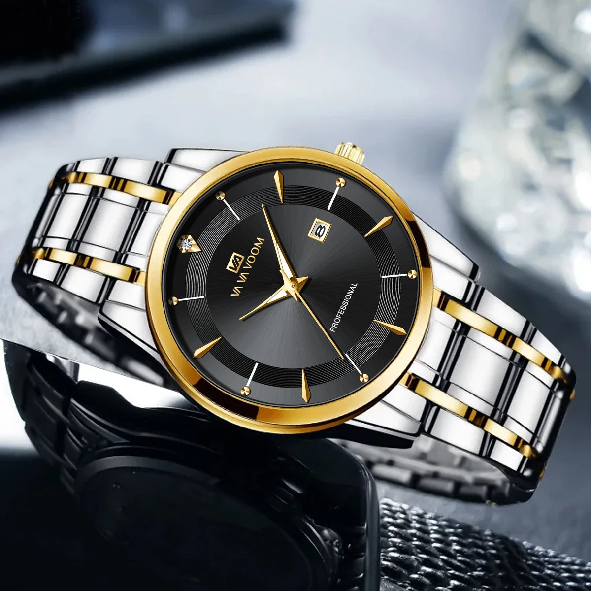 Nuevo reloj para hombre de acero inoxidable estilo de negocios de lujo con diamantes de imitación 43mm reloj de pulsera con movimiento de cuarzo de oro azul