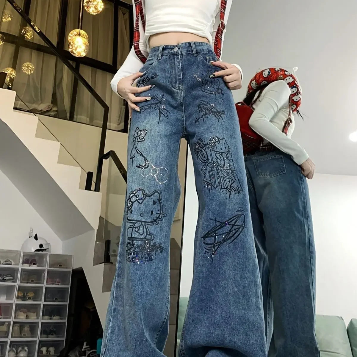 Pantalones vaqueros ajustados con diseño de grafiti azul lavado para mujer, pantalones informales con efecto adelgazante, a la moda