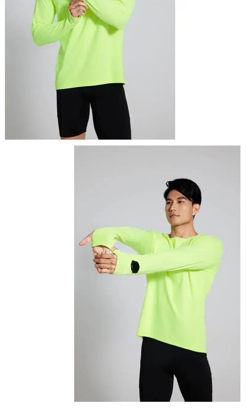 Camiseta para correr maratón para hombre, camiseta de manga larga Anti-UV de secado rápido para entrenamiento, traje de entrenamiento físico con agujero para el pulgar, puño antiestático