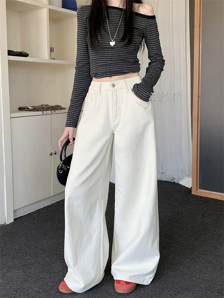 Pantalones vaqueros holgados blancos para mujer, nueva moda coreana informal Y2k, pantalones vaqueros holgados de cintura