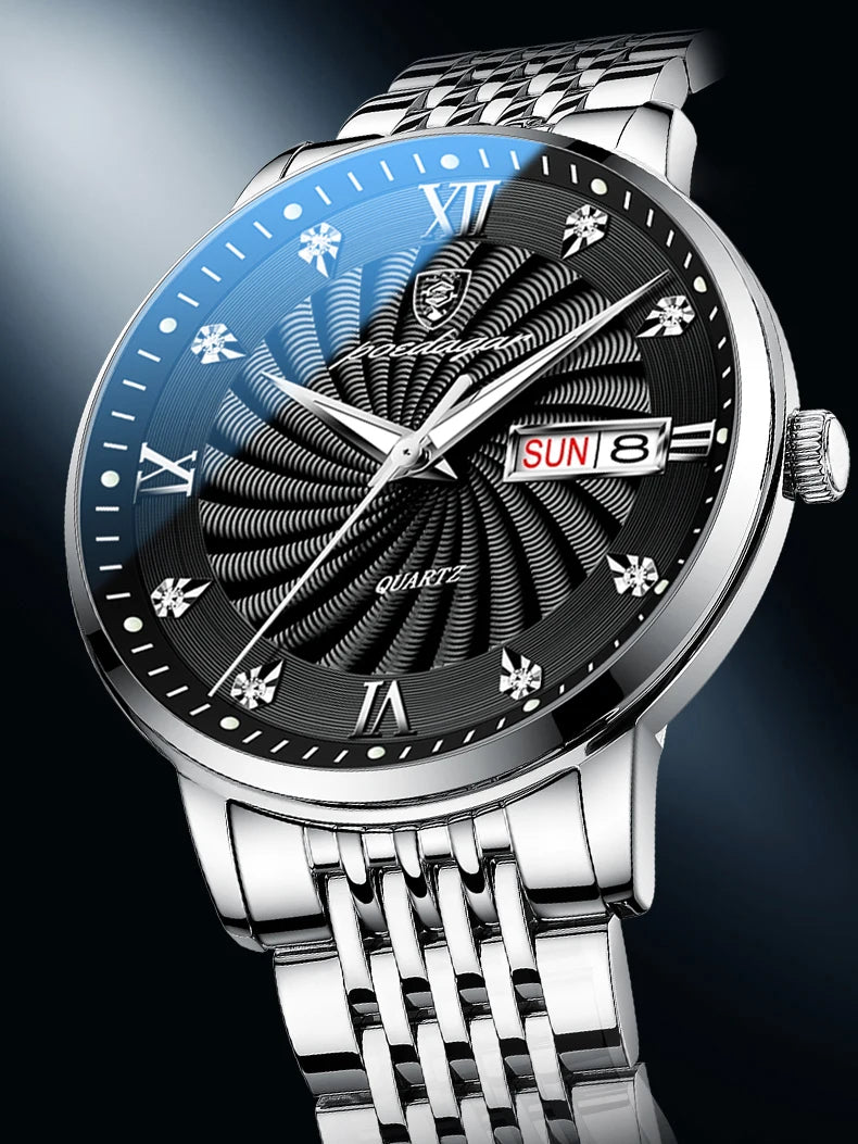 Reloj de lujo para hombre, reloj de pulsera de cuarzo resistente al agua con fecha luminosa y semana, reloj deportivo de moda de acero inoxidable para hombre