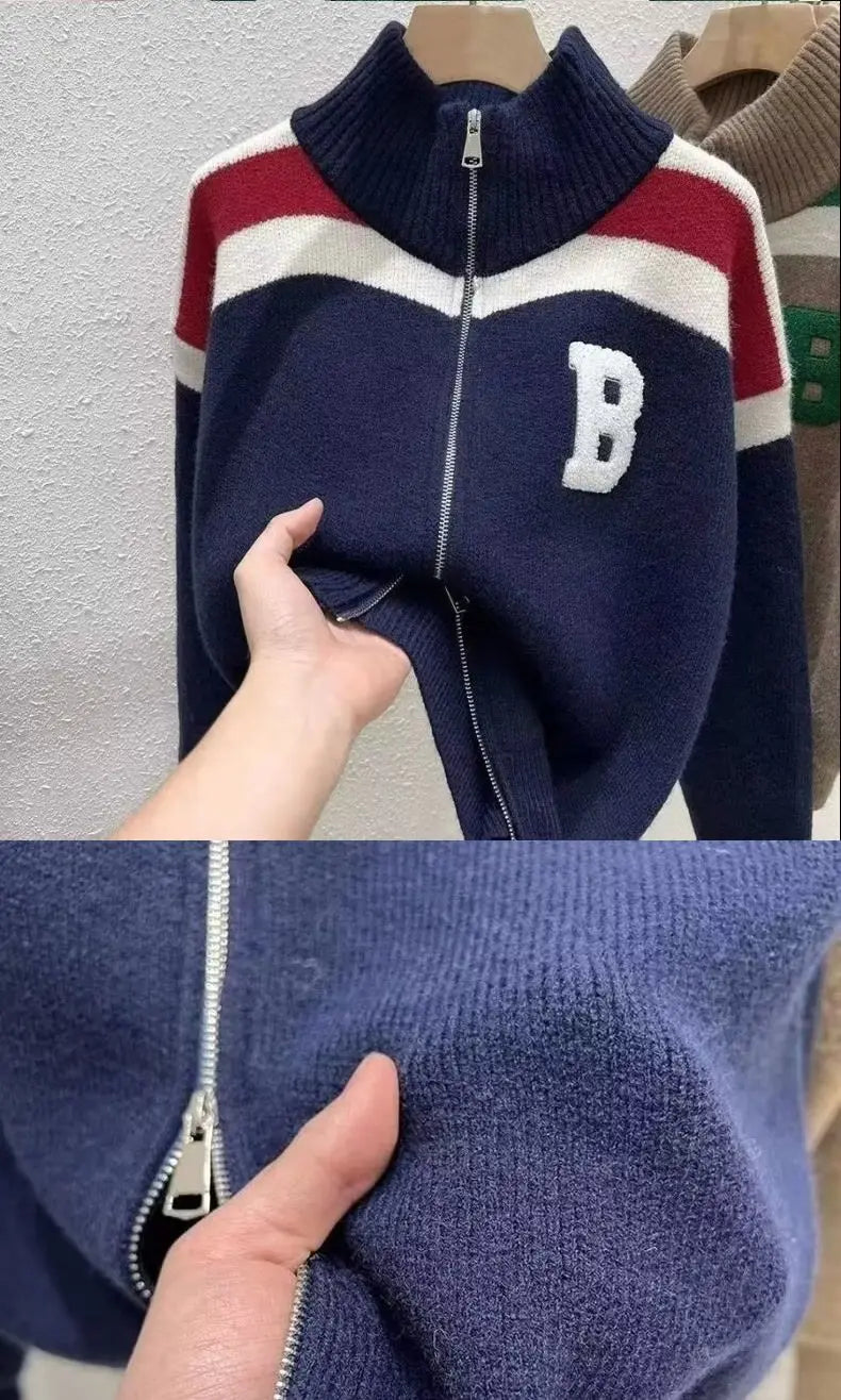 Cárdigan tejido con cuello de media altura y cremallera, suéter de retazos con letras, abrigo para hombre y mujer, Tops de moda de nueva tendencia para Otoño e Invierno