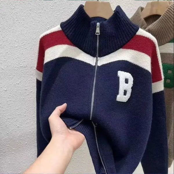 Cárdigan tejido con cuello de media altura y cremallera, suéter de retazos con letras, abrigo para hombre y mujer, Tops de moda de nueva tendencia para Otoño e Invierno