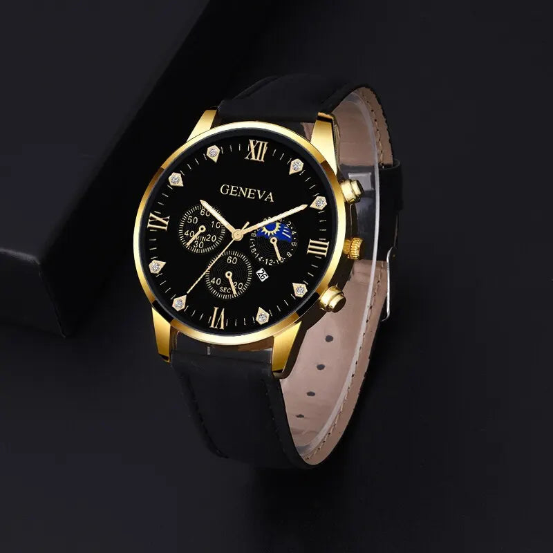 Reloj de pulsera de cuarzo para hombre, conjunto de 2 piezas, con puntero redondo y calendario