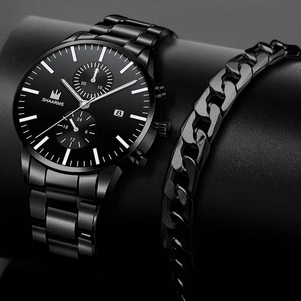 Reloj de cuarzo de negocios para hombre, cronógrafo con correa de acero inoxidable, tres ojos falsos, seis Pines, calendario