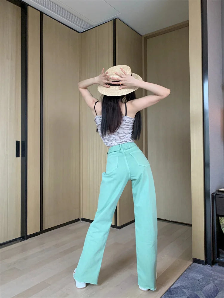 Pantalon Jean de tendencia para mujer, Pantalones vaqueros rasgados con hendidura casuales sueltos de pierna recta de cintura alta