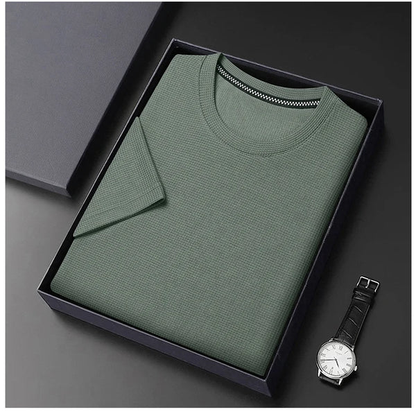 Nueva camiseta de manga corta con cuello redondo y gofres de verano para hombre, Top de manga corta