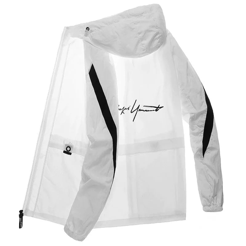 Chaqueta con capucha grande de seda helada de verano para hombres, ligera, transpirable, de secado rápido, ropa de pesca con protección solar, chaqueta con capucha a la moda