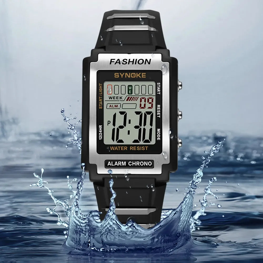 Reloj electrónico deportivo Rectangular para hombre, resistente al agua, luz nocturna de 50M, pantalla grande, despertador, estilo Retro de tendencia