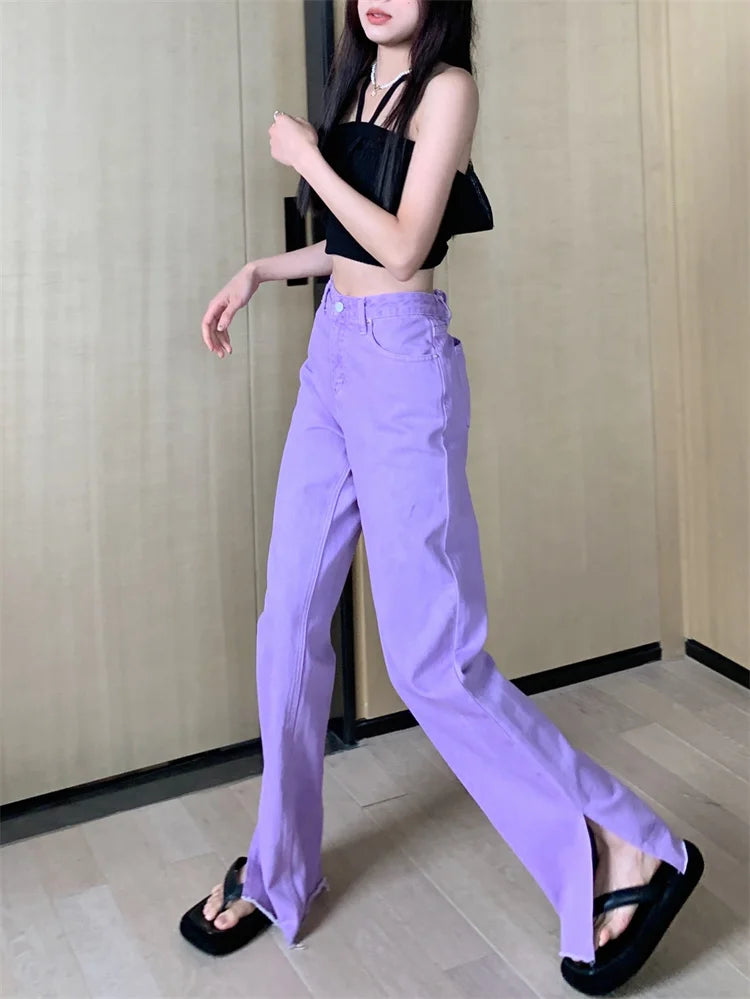 Pantalon Jean de tendencia para mujer, Pantalones vaqueros rasgados con hendidura casuales sueltos de pierna recta de cintura alta
